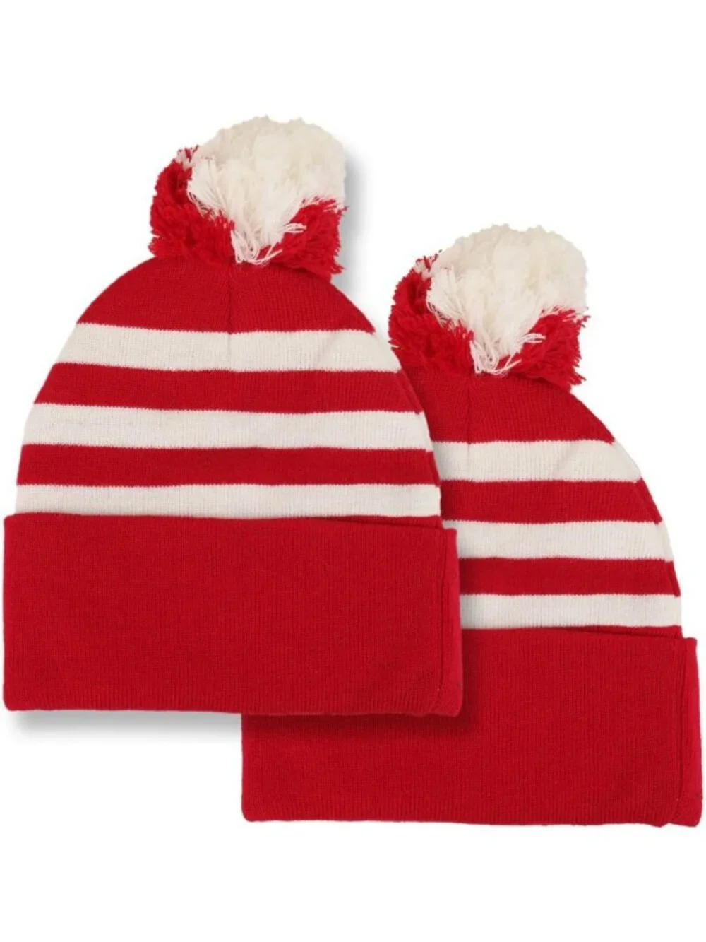 Cozy Red & White Striped Pom Pom Beanie Hat | Winter Knit Cuff Cap